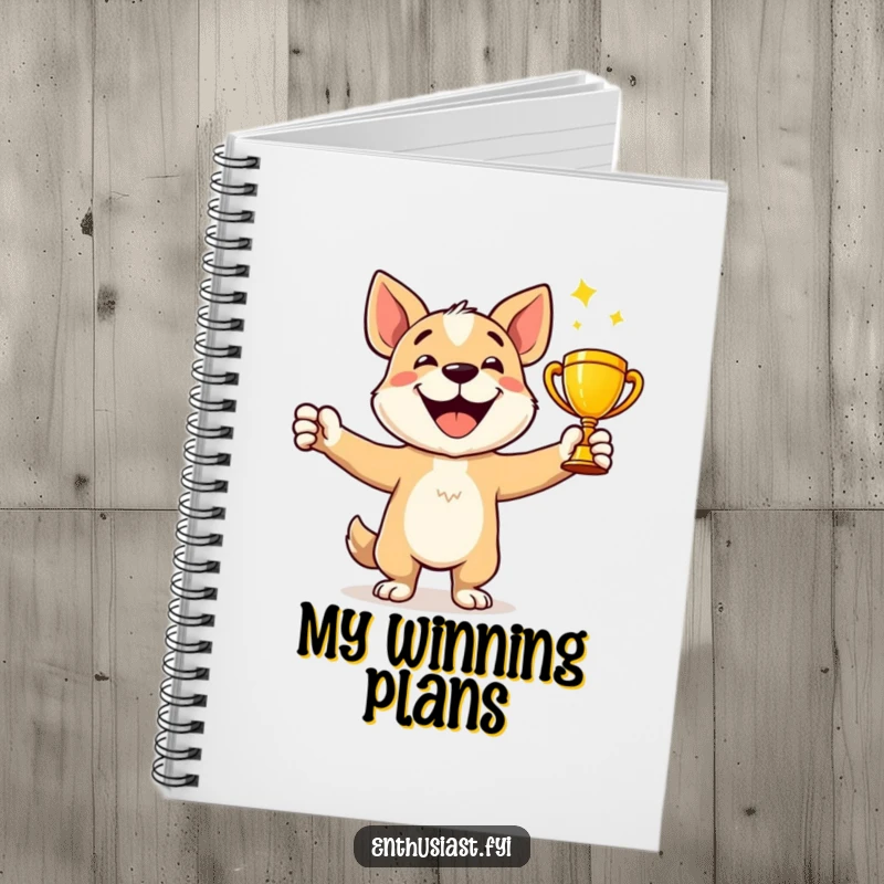 Funny Notebook: Happy dog character celebrates holding a shiny trophy, great for jotting winning ideas.