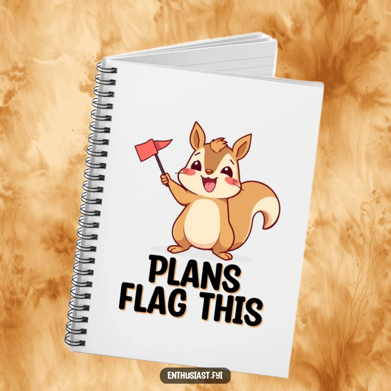 Funny notebook cover with an excited squirrel enthusiastically waving a flag, ideal for notes and planning.