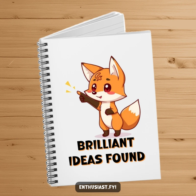 Funny notebook cover with a curious fox character pointing at a bright, glowing sign, representing the pursuit of knowledge.