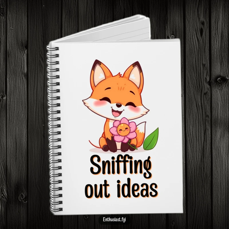 Funny notebook with a joyful fox having a big grin while enthusiastically sniffing a vibrant flower, ideal for note-taking.
