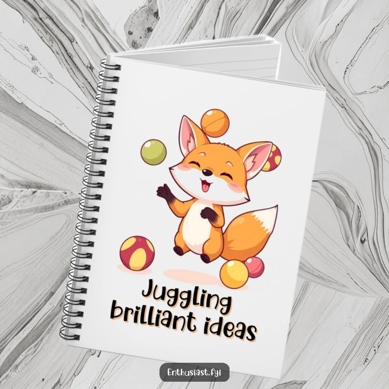 Funny fox juggling notebook design featuring a small fox expertly juggling colorful balls, ideal for notes and creative bursts of inspiration.