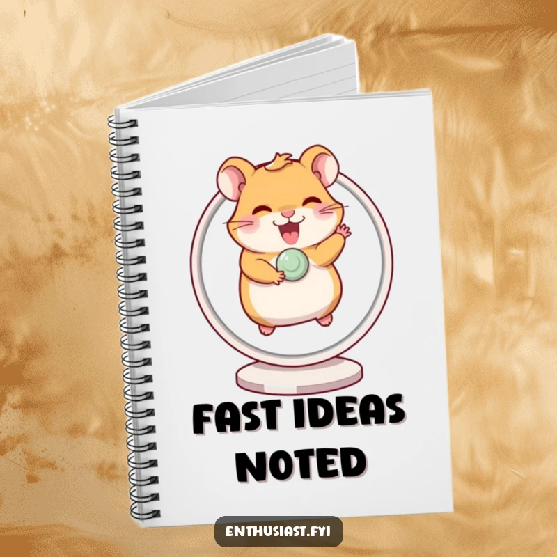 Funny notebook with a giggling hamster excitedly running on a spinning wheel, ideal for note-taking and idea generation.