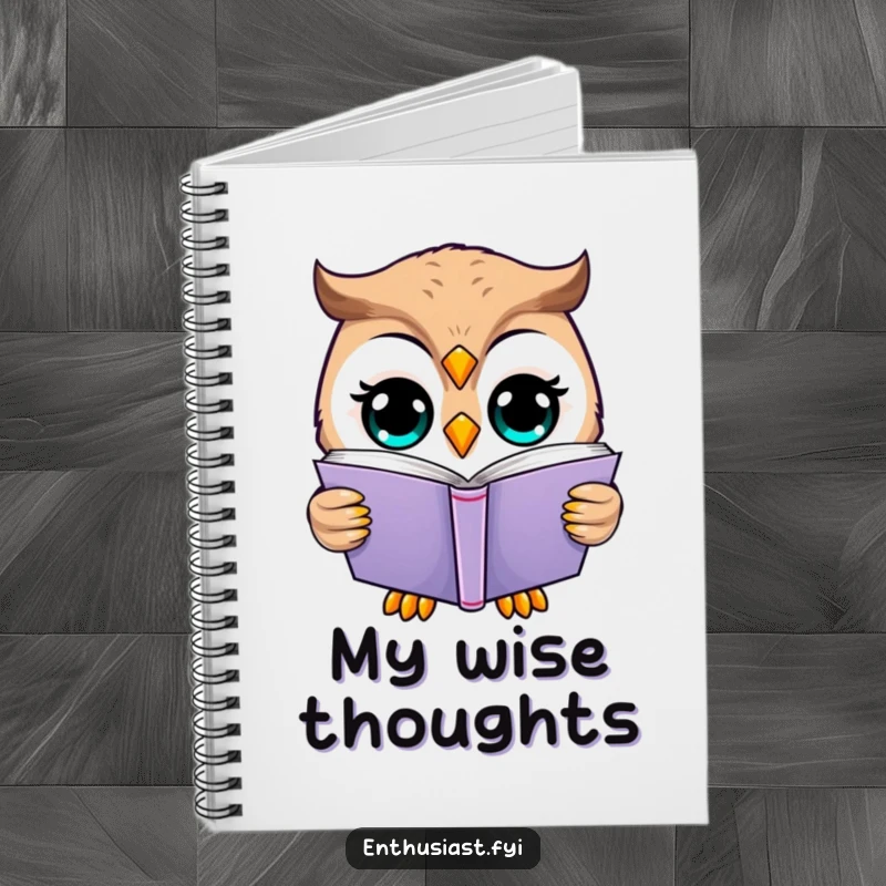 Funny owl notebook with a happy owl reading a book, perfect for thoughtful note-taking.