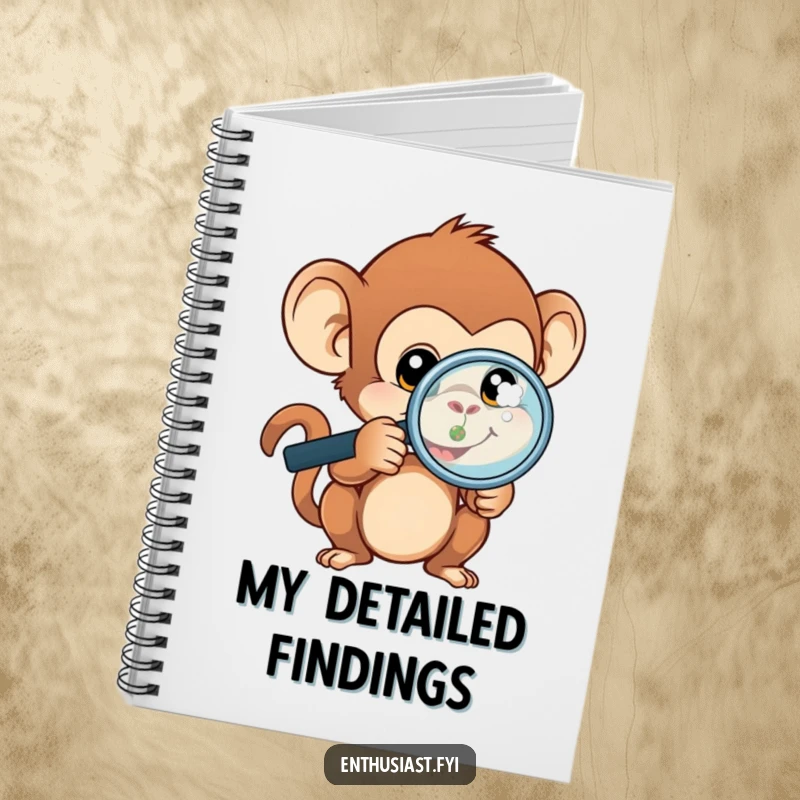 Funny monkey notebook cover with a curious monkey and magnifying glass, focusing on a tiny object for note-taking.