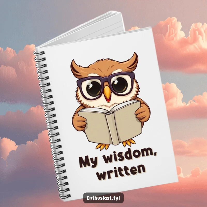 Funny Notebook: Excited owl wearing oversized glasses, engrossed in reading a large book, perfect for capturing thoughts and study notes.