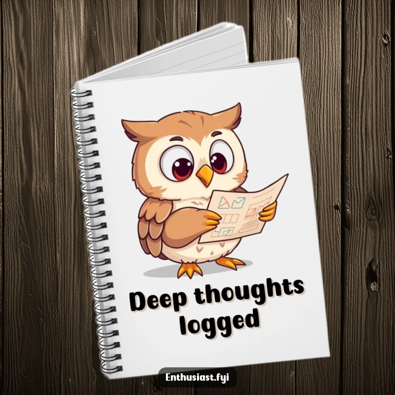 Funny Notebook with an eager owl character studying a complex diagram with wide eyes, ideal for a humorous scholar.