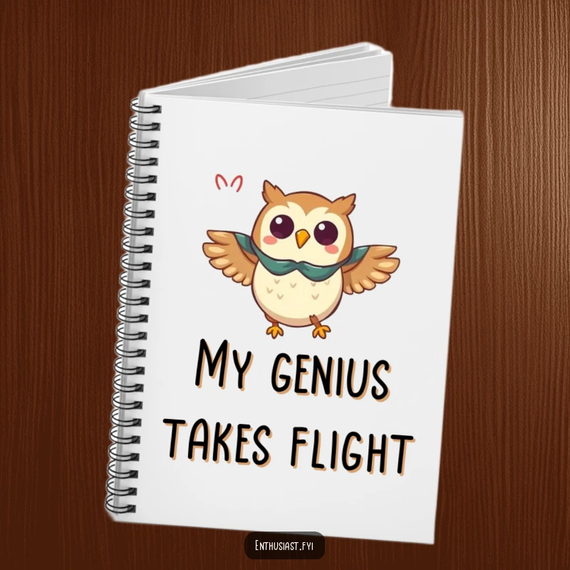Funny owl notebook, featuring a triumphant owl in a cape flying with enthusiasm, ideal for jotting heroic ideas.