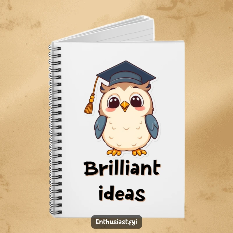 Funny notebook featuring a beaming owl wearing a graduation cap, looking up with hopeful excitement, ideal for jotting down academic notes.