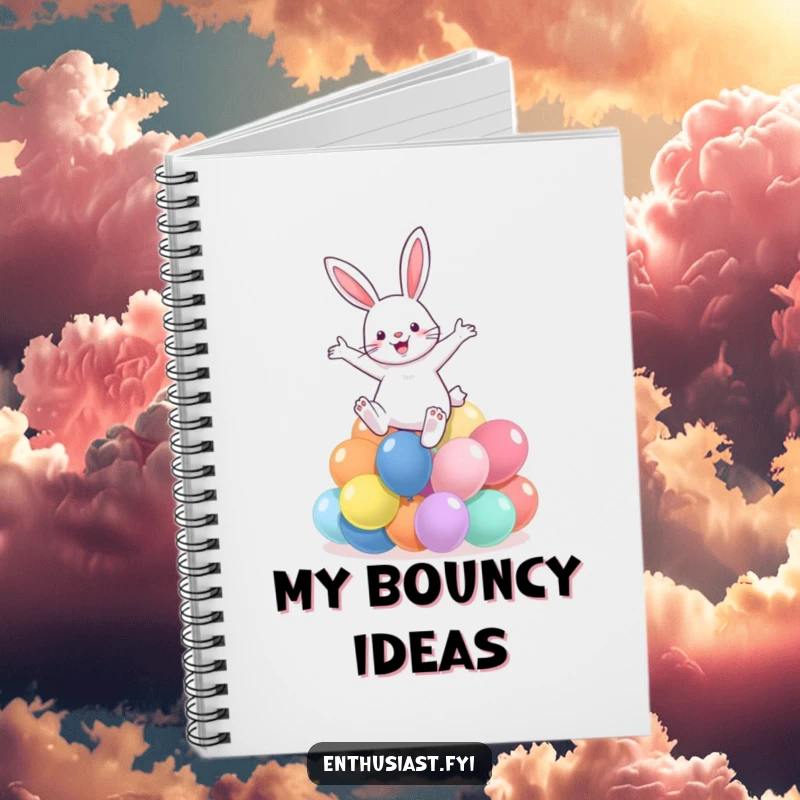Funny notebook featuring a rabbit leaping over colorful balloons, perfect for capturing creative and celebratory thoughts.
