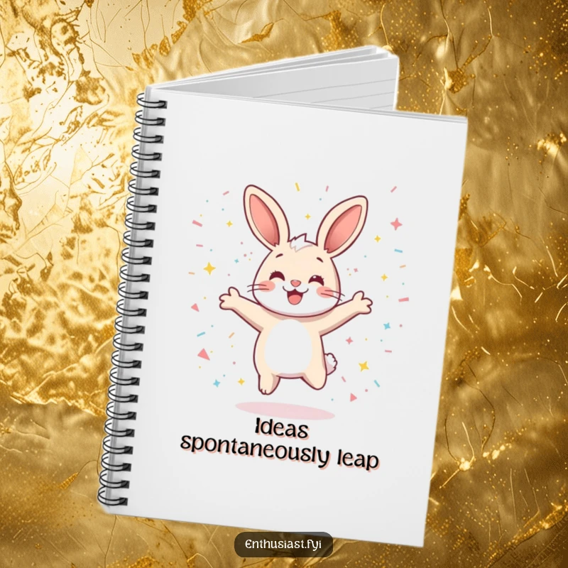 Funny notebook cover with a playful rabbit character jumping joyfully, surrounded by sparkling confetti, inspiring creative and happy thoughts.