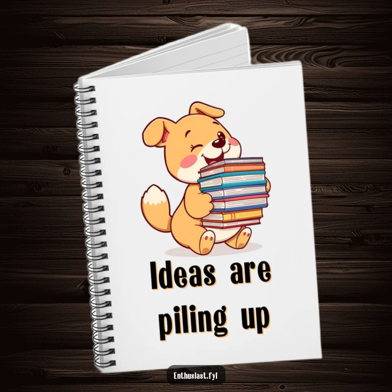 Funny dog notebook cover with an excited dog holding a pile of books, encouraging creative writing and reading.