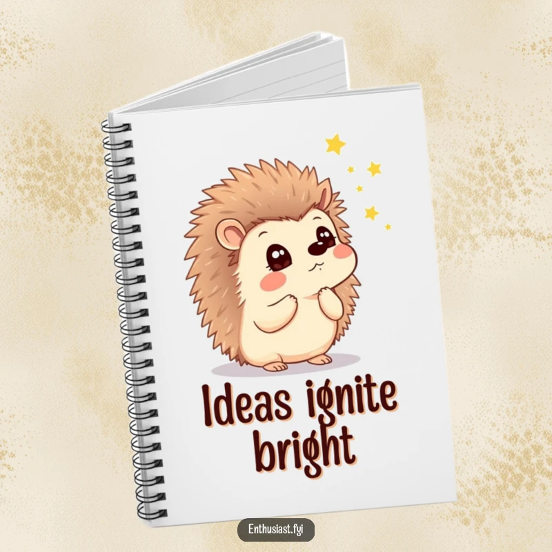 Funny notebook with a thoughtful hedgehog, look of wonder, watching enchanting fireflies, ideal for journaling.