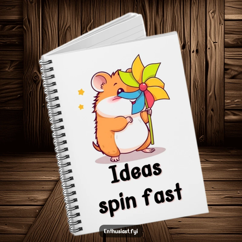 Funny hamster pinwheel notebook features an energetic hamster spinning a colorful pinwheel, designed for creative and fun note-taking.