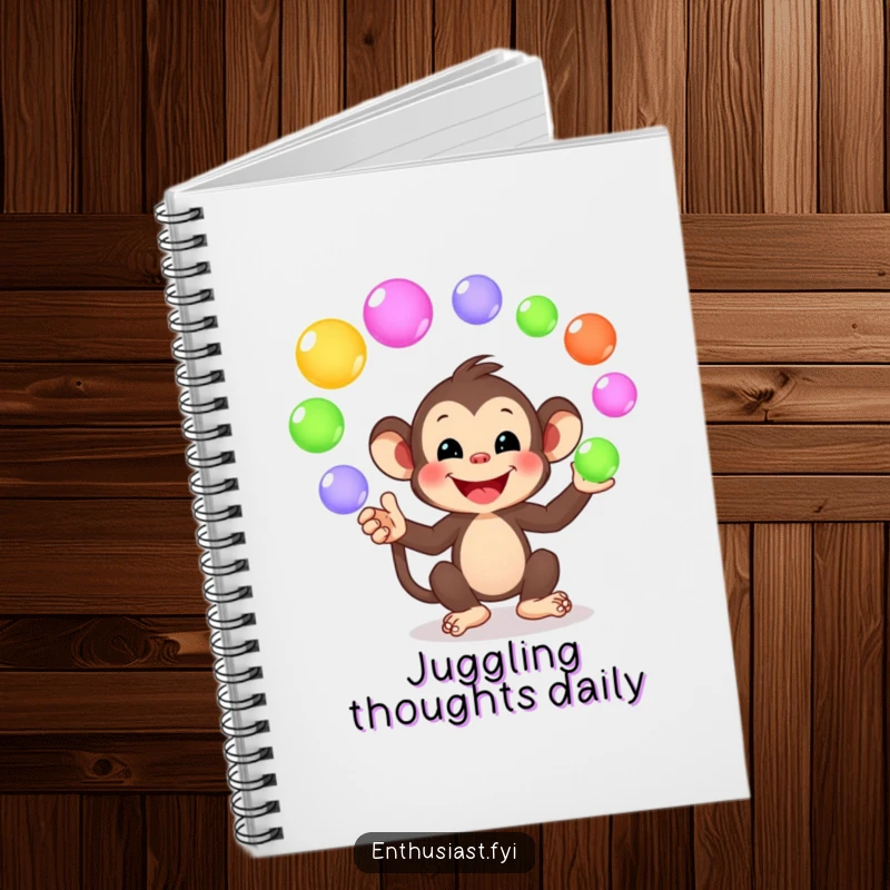Funny notebook featuring a playful monkey character juggling colorful orbs, encouraging creative writing and joyful note-taking.