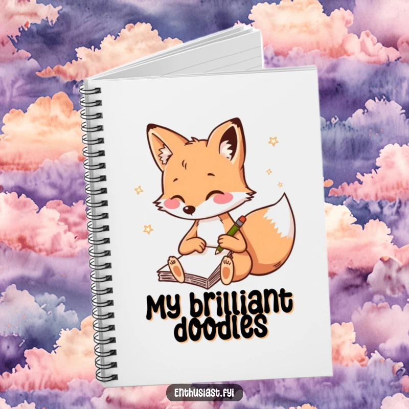 Funny fox notebook, featuring a playful fox rapidly sketching, perfect for jotting down creative ideas and notes.
