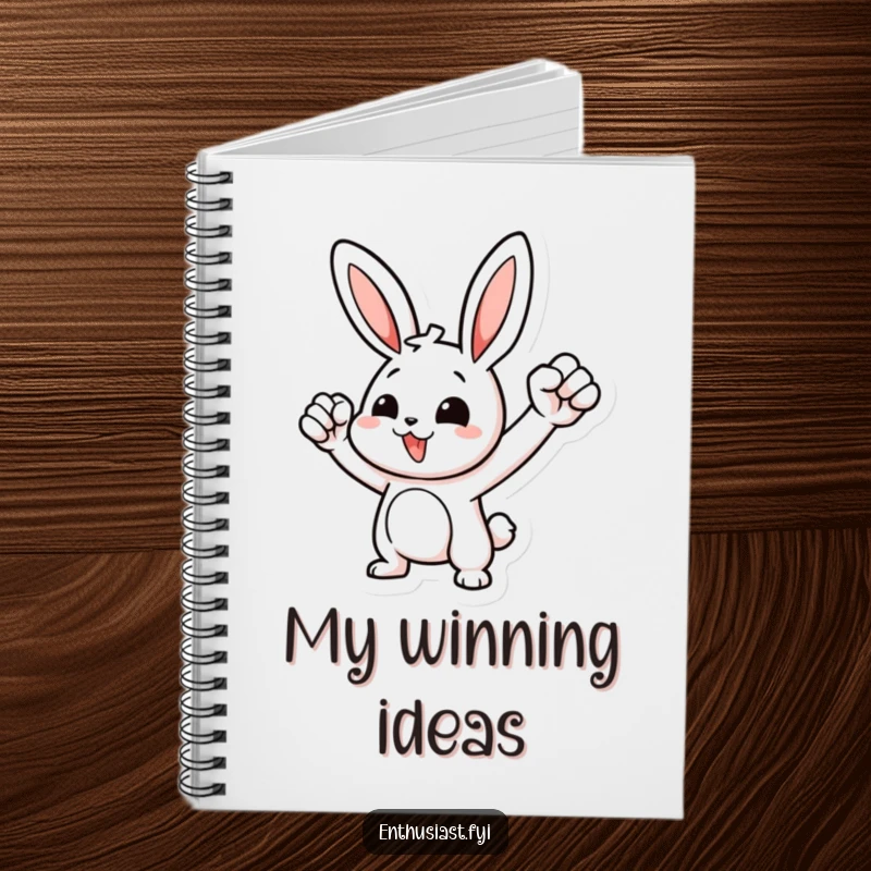 Funny notebook with a determined rabbit character pumping its fist, ideal for jotting down goals and bright ideas.