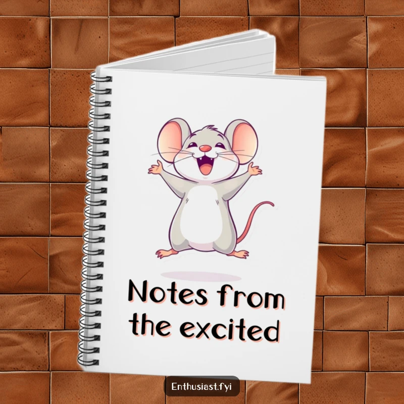 Funny mouse notebook with an excited character jumping, perfect for note-taking with enthusiasm.