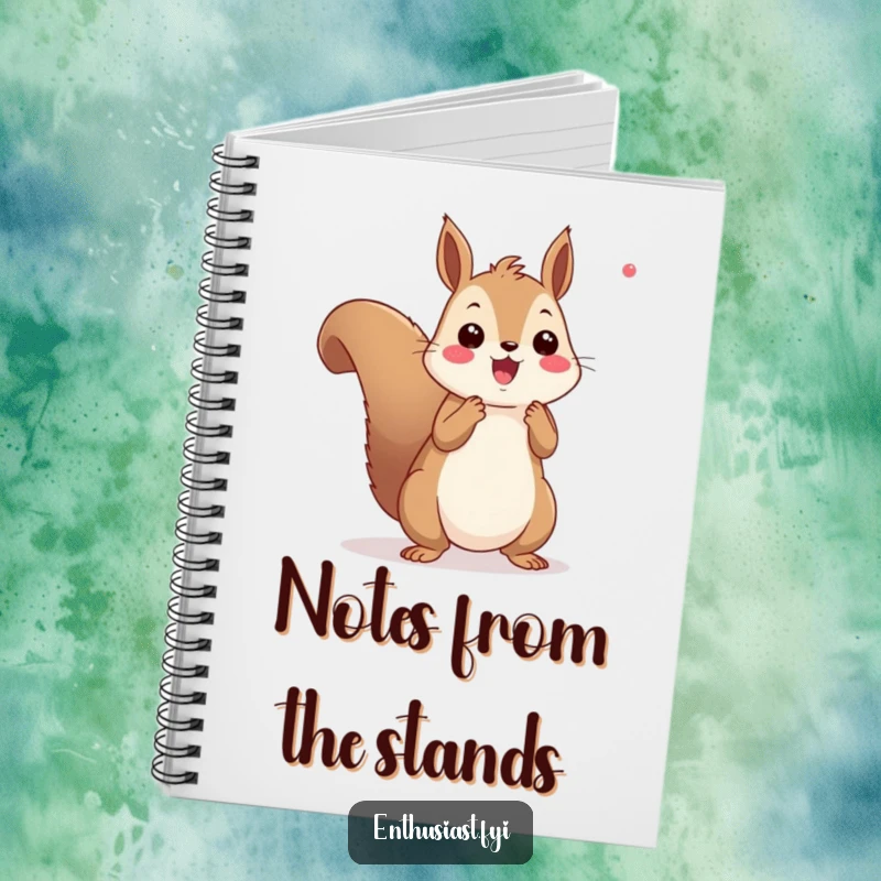 Funny squirrel cheering notebook design featuring an enthusiastic squirrel with pom-poms, perfect for notes and capturing energetic ideas.