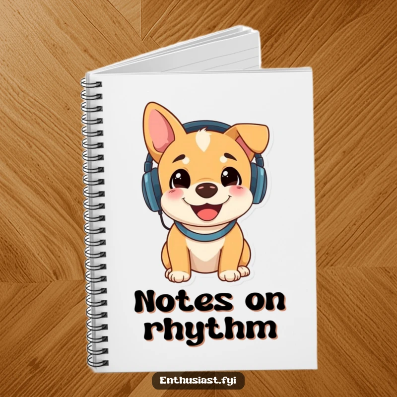 Funny notebook cover with a happy dog wearing headphones and listening to music, ideal for notes and creative writing.