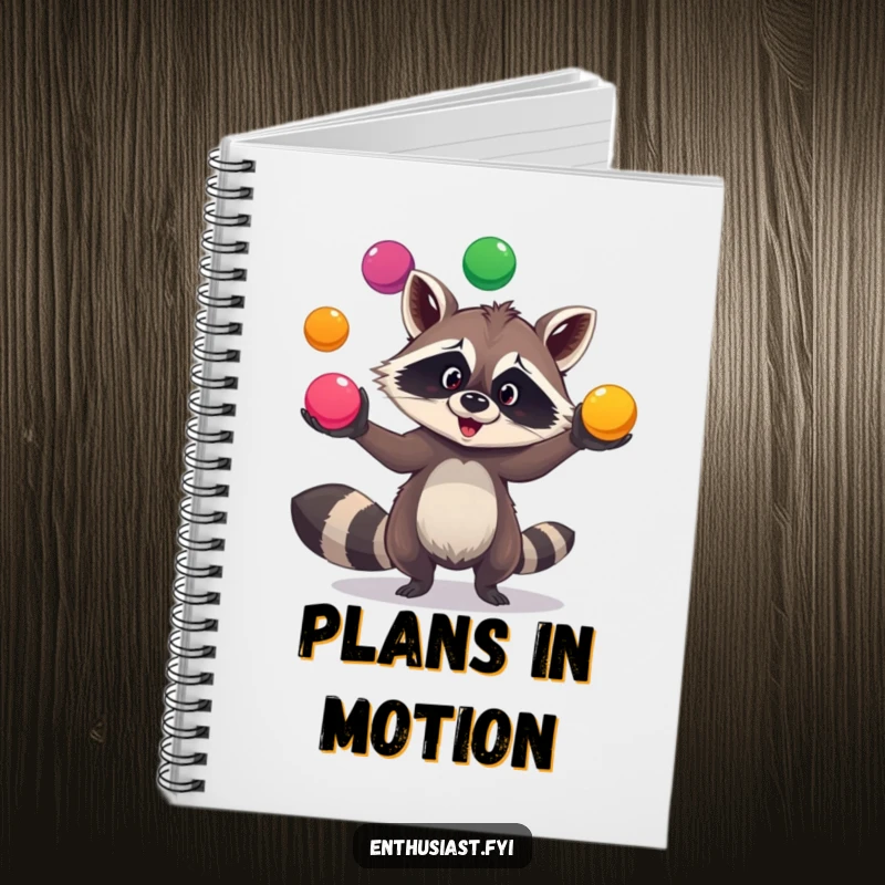 Funny raccoon juggling notebook features a goofy raccoon balancing colorful balls, perfect for jotting down creative ideas.