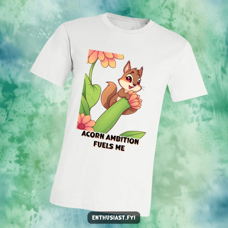 Funny t-shirt with a spirited squirrel character climbing a vibrant, giant flower stem with determination, embodying ambition and perseverance.