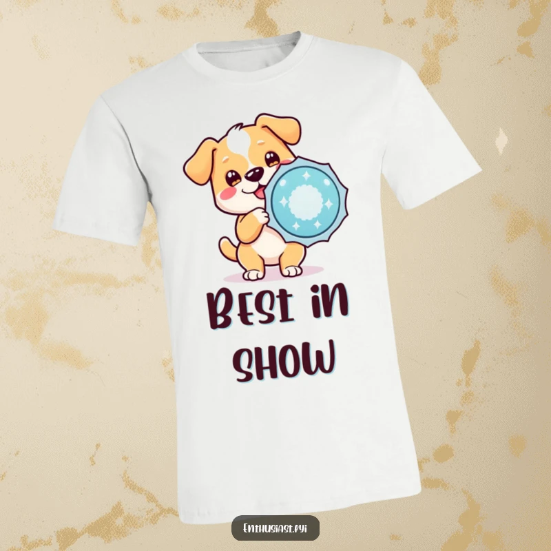 Funny t-shirt with an excited dog character wagging its tail and holding a large, glittering badge, symbolizing pure joy.