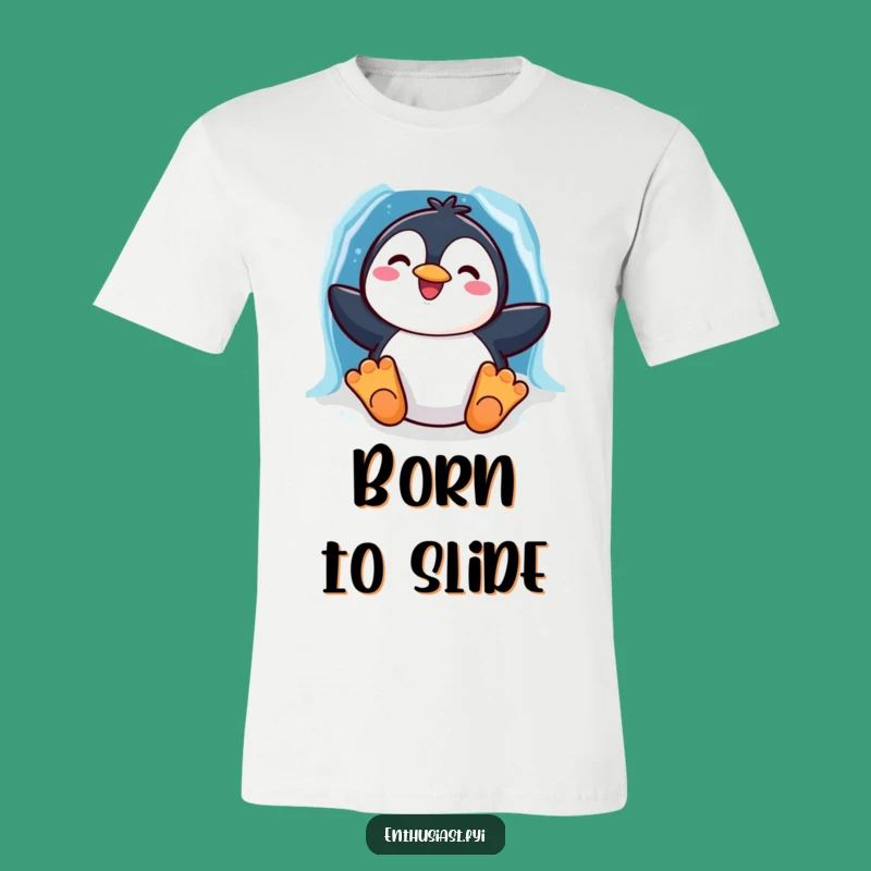 Funny Penguin Slide T-Shirt: Cheerful Character's Arctic Adventure, Humorous Apparel