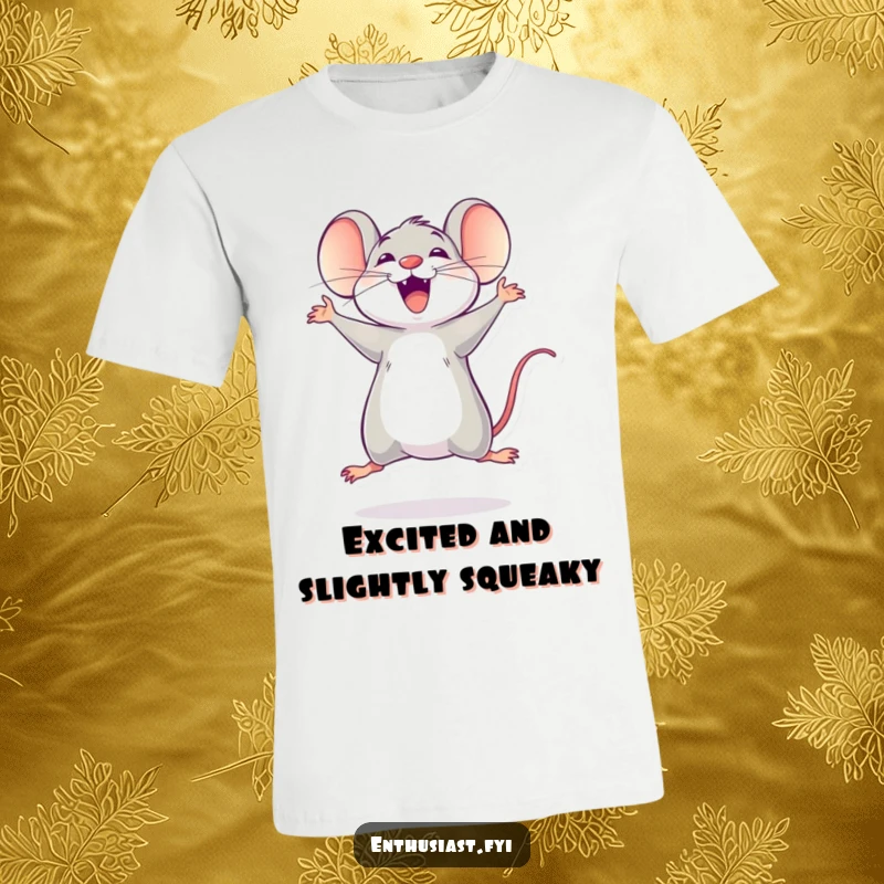 Funny mouse t-shirt depicting an excited character jumping enthusiastically, conveying pure joy. Great funny gift.