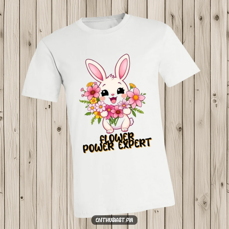 Funny t-shirt featuring a delighted rabbit character joyfully holding a colorful bouquet of flowers, conveying pure happiness and enthusiasm.