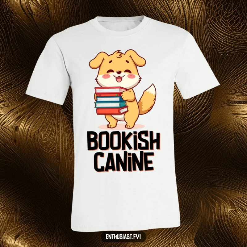 Funny t-shirt showing a happy dog character with a wagging tail, excitedly holding a large pile of books.
