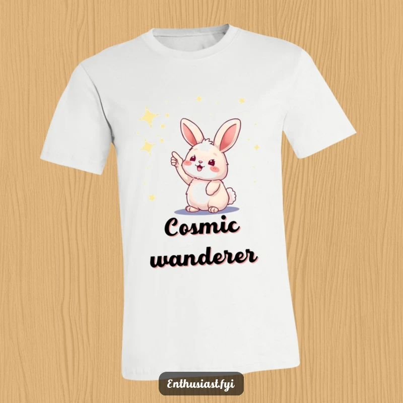 Funny t-shirt featuring a fluffy bunny excitedly pointing at a sky completely filled with brilliant stars.