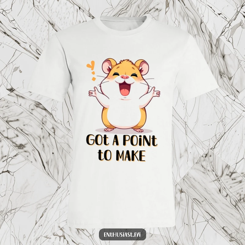 Funny T-Shirt showcasing a passionate hamster character enthusiastically explaining with vivid hand gestures and an eager expression.