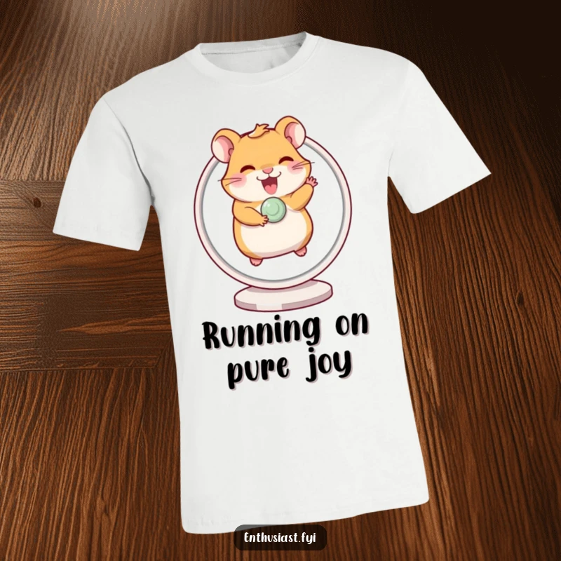Funny t-shirt of a giggling hamster excitedly running on a spinning wheel, showcasing unstoppable energy and fun.