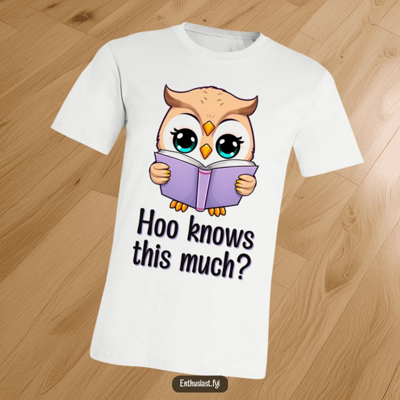 Funny owl t-shirt featuring a happy owl engrossed in reading a large book. Great funny gift.