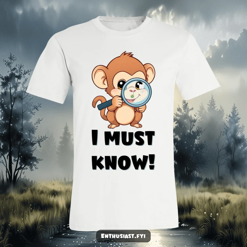 Funny monkey t-shirt showing a curious monkey wearing a magnifying glass, closely inspecting a small, intricate object.