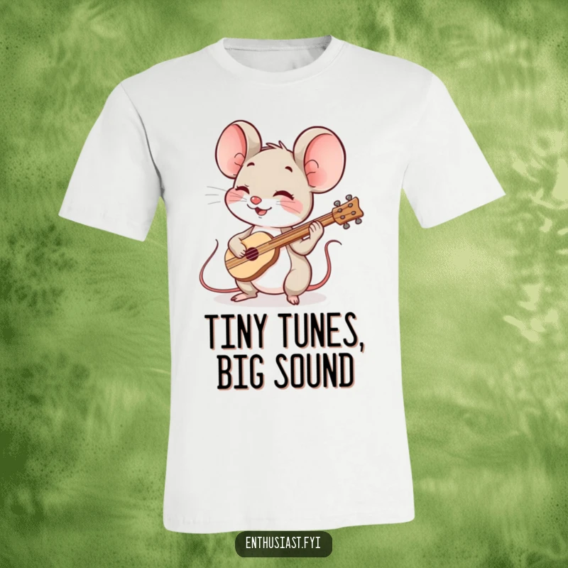 Funny mouse jam session t-shirt depicts a spirited mouse enthusiastically playing a small, cheerful musical instrument, radiating joy.