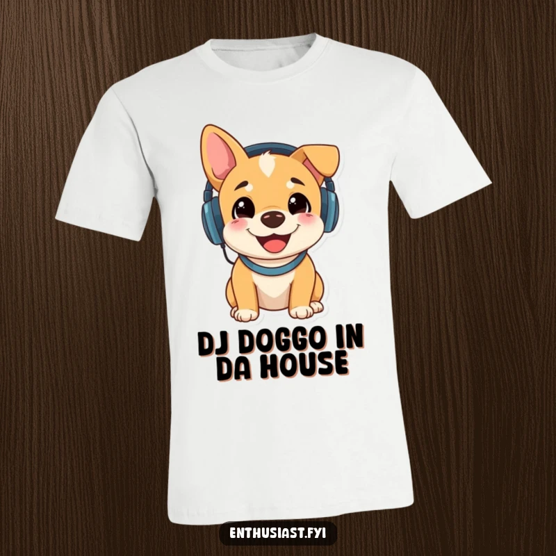 Funny t-shirt with a happy dog sporting headphones and deeply engrossed in listening to music, a true audiophile canine.