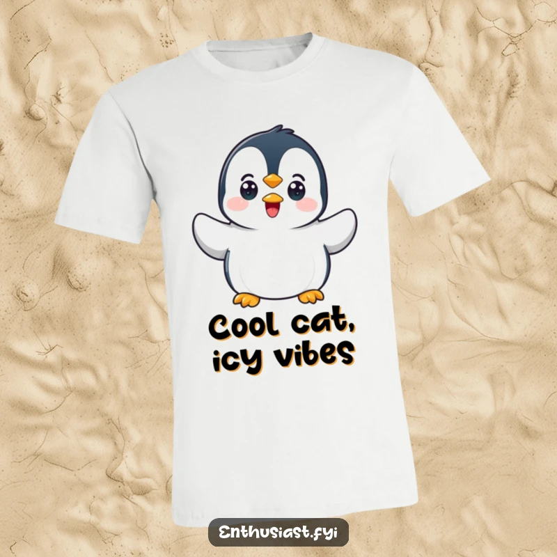 Funny penguin t-shirt with a cute character enthusiastically waving flippers, perfect for animal lovers.