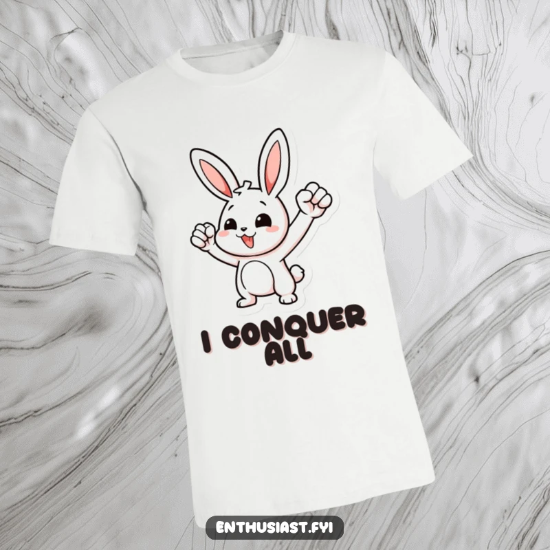 Funny t-shirt featuring an excited rabbit character triumphantly pumping a fist in the air, embodying success and motivation.