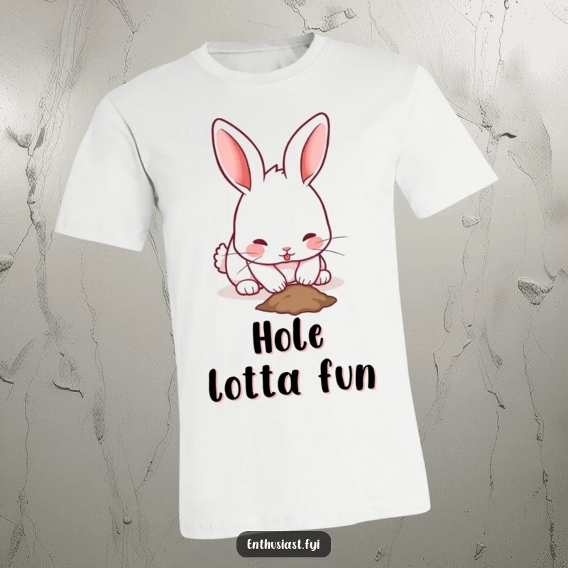 Funny rabbit t-shirt depicting a playful bunny with twitching ears, enthusiastically digging a small hole, full of industrious energy.