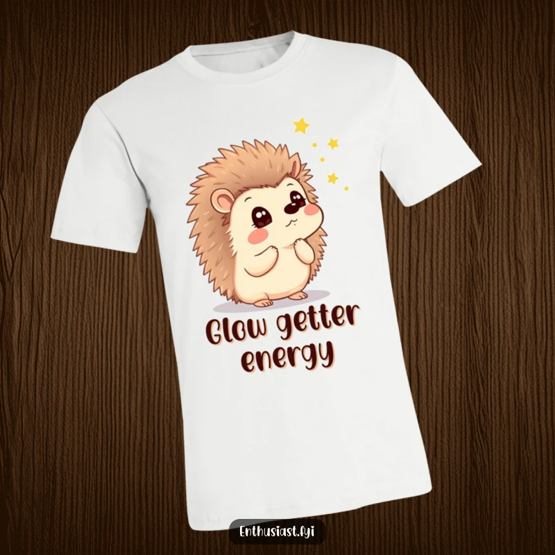 Funny t-shirt of a thoughtful hedgehog with a look of wonder, gazing at glowing fireflies, evoking nighttime magic.