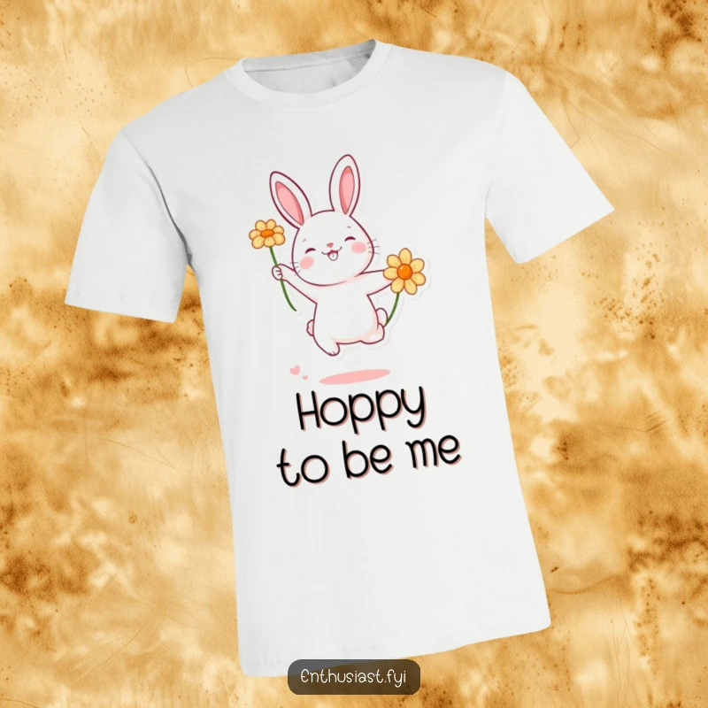 Funny playful rabbit character jumping high in the air with a flower, conveying pure joy and happiness on a t-shirt.