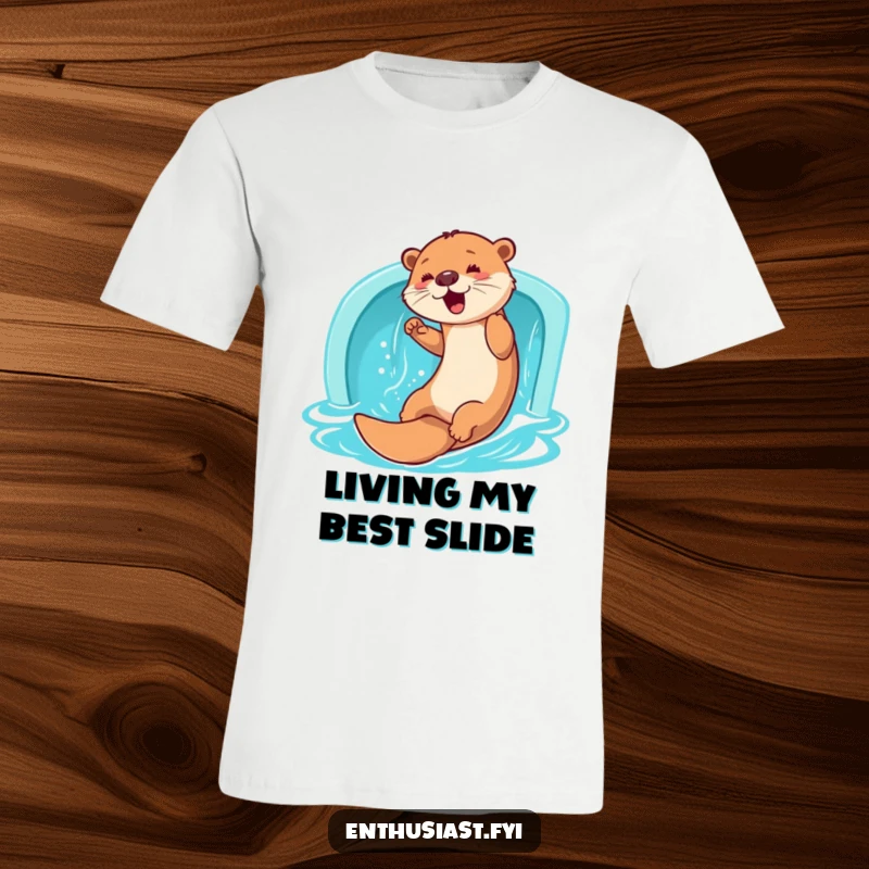 Funny Otter T-Shirt: A joyful otter enthusiastically slides down a water slide, depicting ultimate aquatic fun and freedom, a great funny gift.