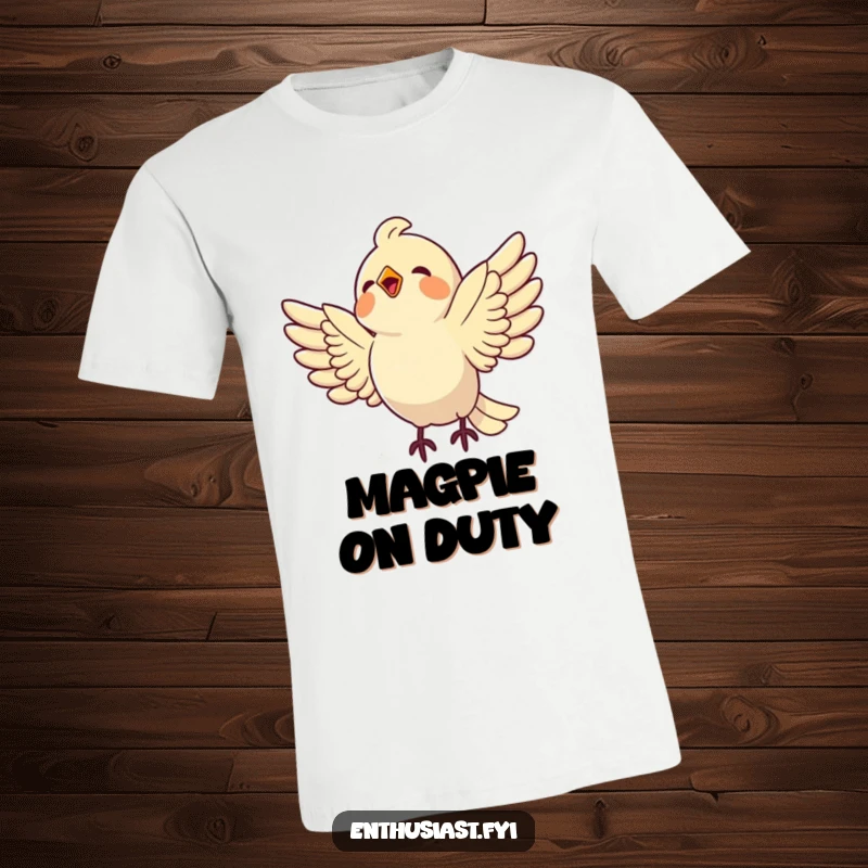 Funny bird t-shirt depicting a delighted bird with wings spread, joyfully swooping towards a shiny object, full of anticipation.