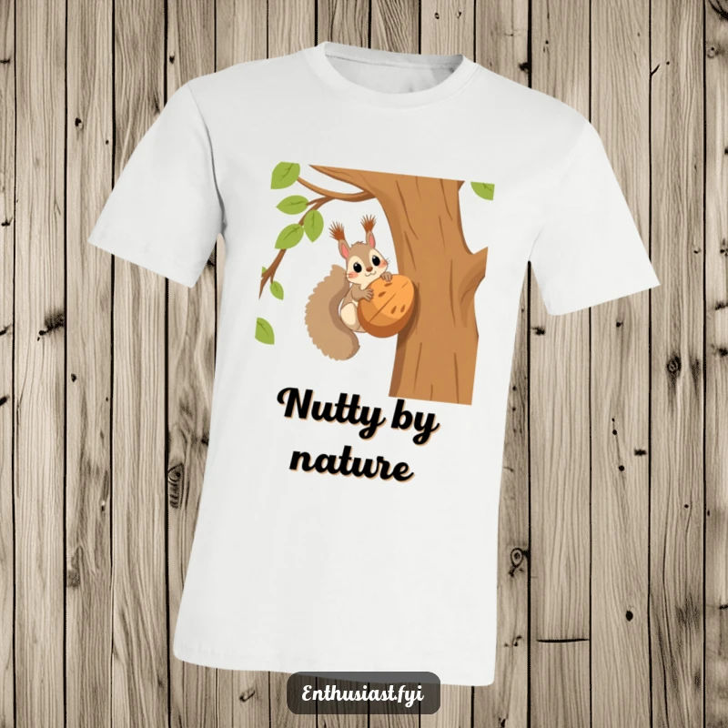Funny squirrel t-shirt with a determined squirrel in a tree looking excited at a huge nut, celebrating a massive win.