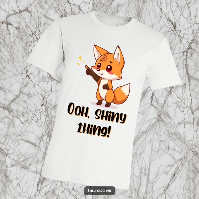 Funny t-shirt showcasing a curious fox character excitedly pointing at a bright, glowing sign, inviting exploration and excitement.
