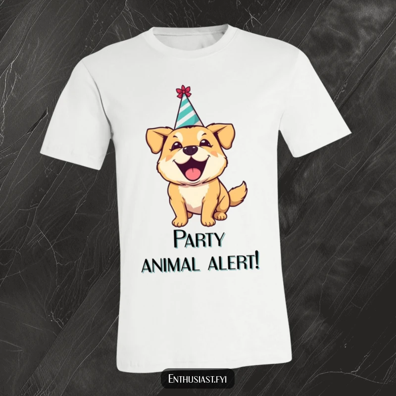 Funny t-shirt depicting an excited dog wearing a party hat, joyfully barking and ready to celebrate.
