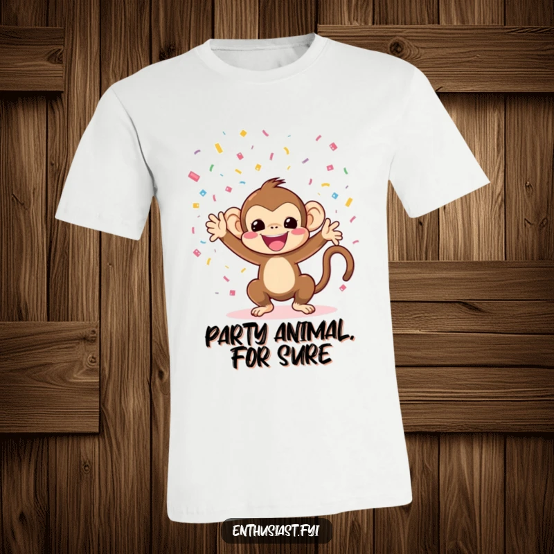 Funny monkey t-shirt with a joyous character tossing confetti, perfect for celebrations and fun.