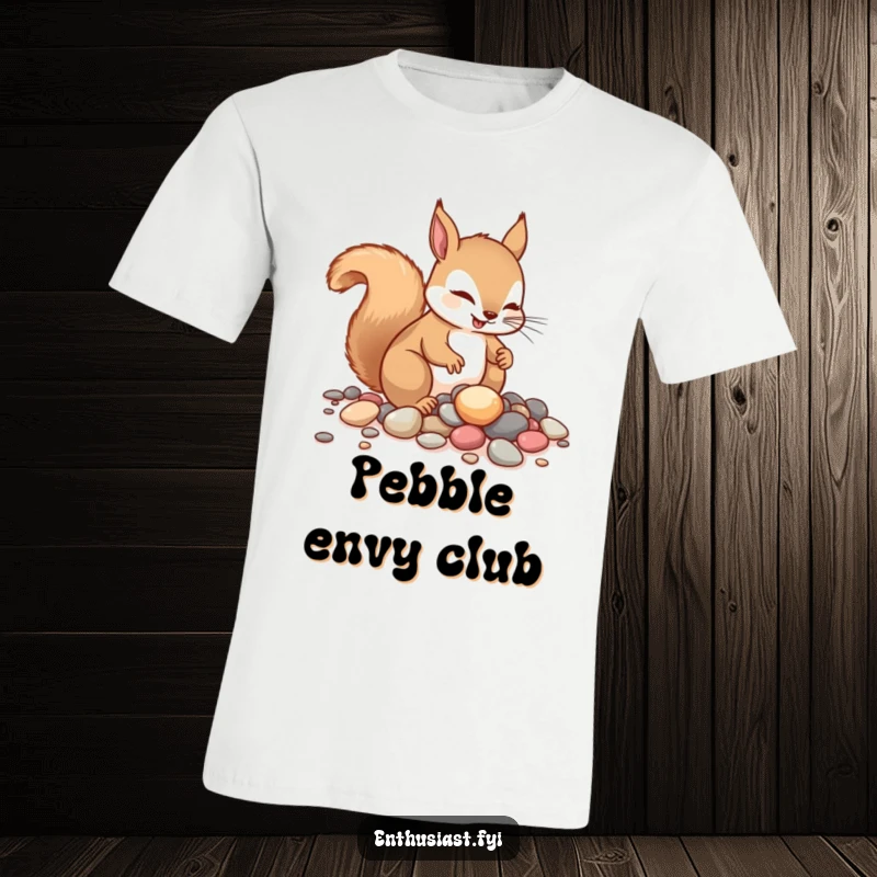 Funny squirrel t-shirt, depicting an eager squirrel enthusiastically collecting a hoard of sparkling pebbles. Ideal humorous apparel gift.