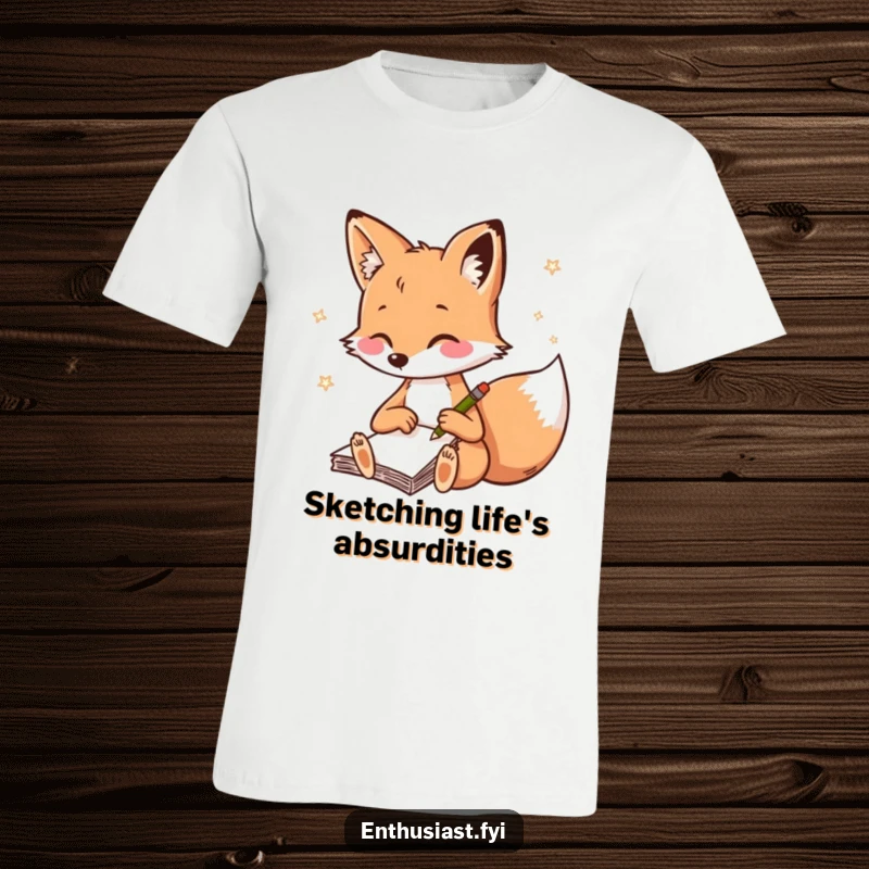Funny fox t-shirt, a playful fox in the act of rapid sketching in a notebook, perfect for art lovers.
